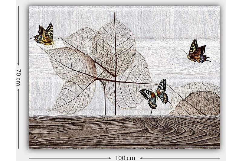 Canvas taulu 70x100 cm - Tyylitelty sommitelma perhosista leijumassa läpikuultavien lehtien yllä puupinnalla - Beige / Ruskea / Musta - Sisustustuotteet - Taulu & taide - Canvas-taulu