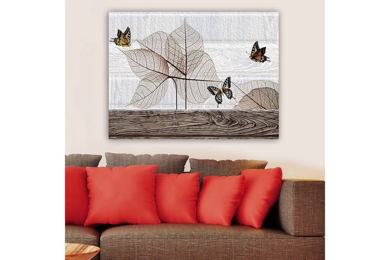 Canvas taulu 70x100 cm - Tyylitelty sommitelma perhosista leijumassa läpikuultavien lehtien yllä puupinnalla - Beige / Ruskea / Musta - Sisustustuotteet - Taulu & taide - Canvas-taulu