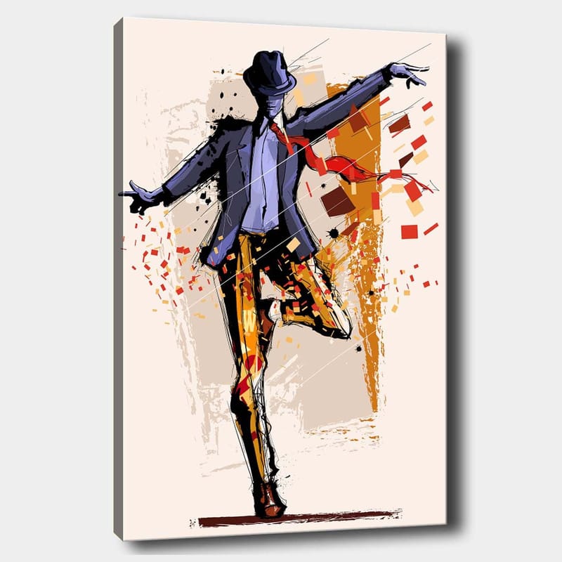 Canvas taulu 70x100 cm - Tyylitelty tanssija asussa, jonka hattu ilmaisee liikettä ja energiaa, Tummansininen / Oranssi / Punainen