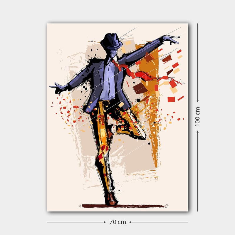 Canvas taulu 70x100 cm - Tyylitelty tanssija asussa, jonka hattu ilmaisee liikettä ja energiaa - Tummansininen / Oranssi / Punainen - Sisustustuotteet - Taulu & taide - Canvas-taulu