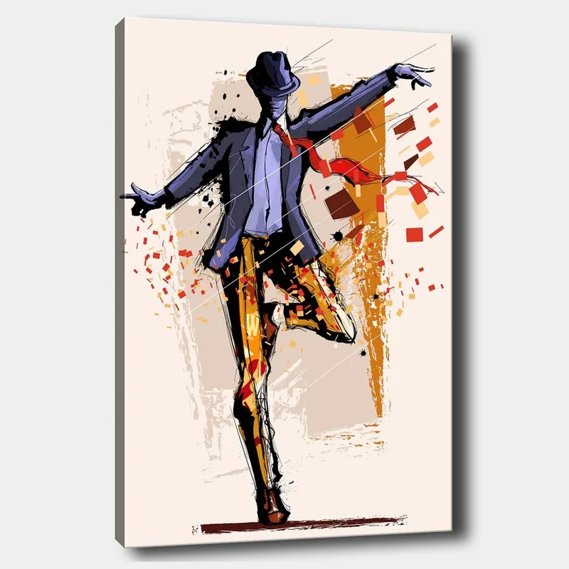 Canvas taulu 70x100 cm - Tyylitelty tanssija asussa, jonka hattu ilmaisee liikettä ja energiaa, Tummansininen / Oranssi / Punainen