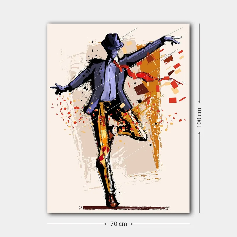 Canvas taulu 70x100 cm - Tyylitelty tanssija asussa, jonka hattu ilmaisee liikettä ja energiaa - Tummansininen / Oranssi / Punainen - Sisustustuotteet - Taulu & taide - Canvas-taulu