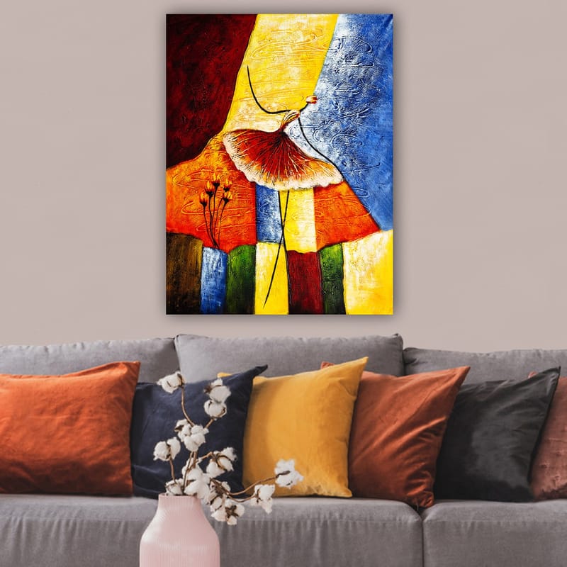 Canvas taulu 70x100 cm - Tyylitelty tanssiva nainen punaisessa hameessa värikästä taustaa vasten - Punainen / Keltainen / Sininen - Sisustustuotteet - Taulu & taide - Canvas-taulu