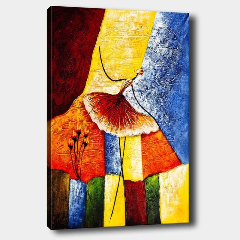 Canvas taulu 70x100 cm - Tyylitelty tanssiva nainen punaisessa hameessa värikästä taustaa vasten, Punainen / Keltainen / Sininen
