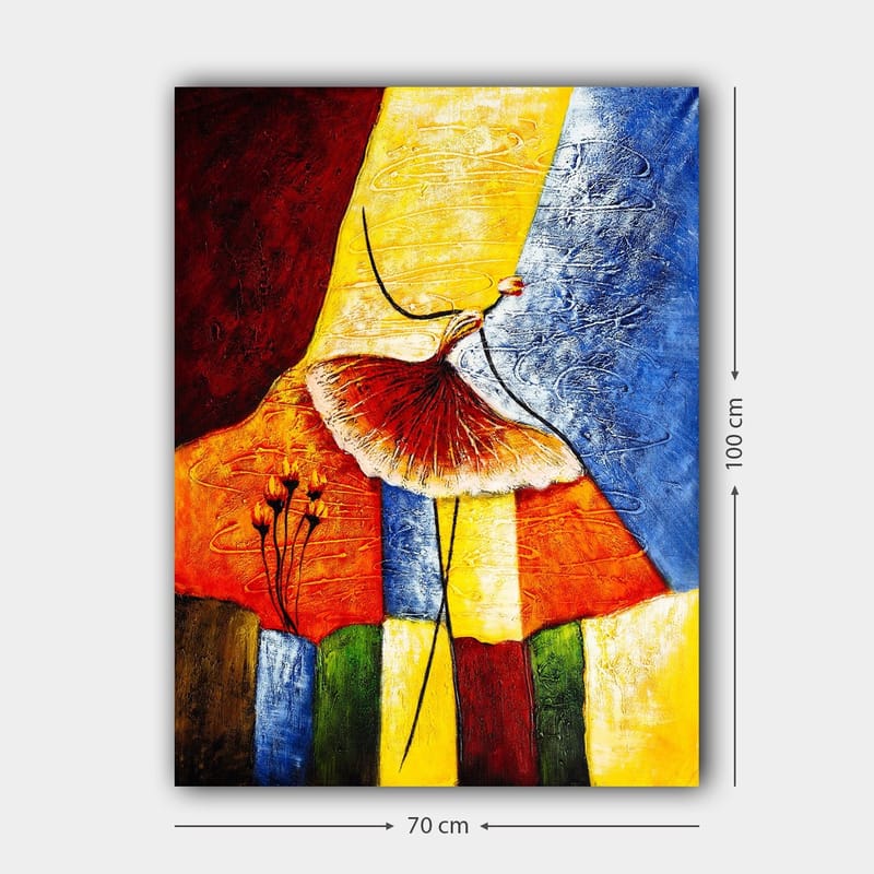 Canvas taulu 70x100 cm - Tyylitelty tanssiva nainen punaisessa hameessa värikästä taustaa vasten - Punainen / Keltainen / Sininen - Sisustustuotteet - Taulu & taide - Canvas-taulu