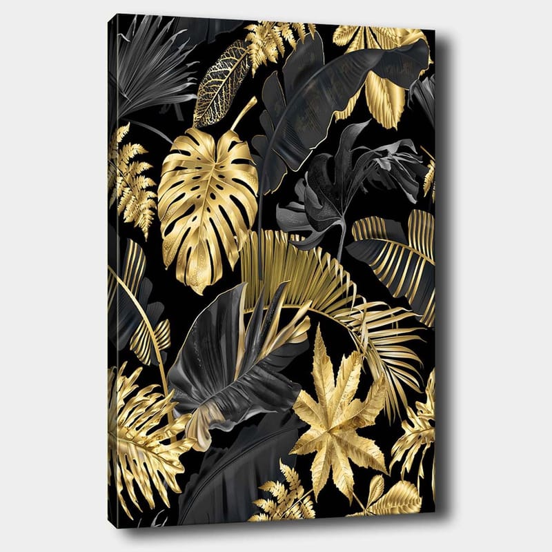 Canvas taulu 70x100 cm - Tyylitelty trooppisten kasvien kuvio kultaisen ja mustan sävyissä, Kulta / Musta / Tummanvihreä