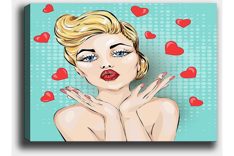 Canvas taulu 70x100 cm - Tyylitelty vaaleatukkainen ja punahuulinen nainen antaa suukon, jonka ympärillä on sydämiä. - Vaaleansininen / Punainen / Beige - Sisustustuotteet - Taulu & taide - Canvas-taulu