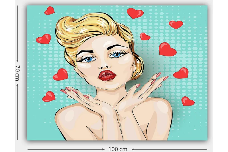 Canvas taulu 70x100 cm - Tyylitelty vaaleatukkainen ja punahuulinen nainen antaa suukon, jonka ympärillä on sydämiä. - Vaaleansininen / Punainen / Beige - Sisustustuotteet - Taulu & taide - Canvas-taulu