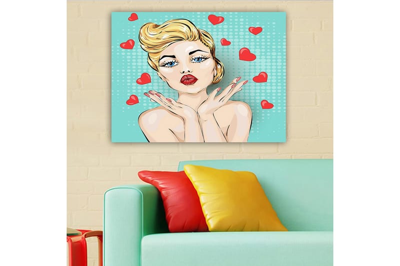 Canvas taulu 70x100 cm - Tyylitelty vaaleatukkainen ja punahuulinen nainen antaa suukon, jonka ympärillä on sydämiä., Vaaleansininen / Punainen / Beige