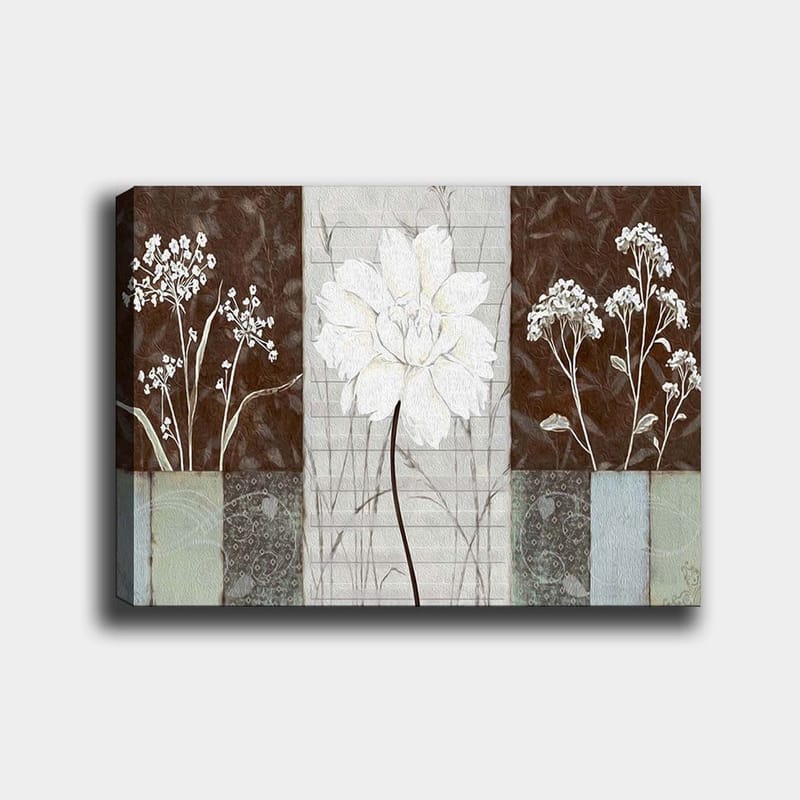 Canvas taulu 70x100 cm - Tyylitelty valkoinen kukka, jota ympäröivät ruskean ja harmaan sävyt, Valkoinen / Ruskea / Harmaa