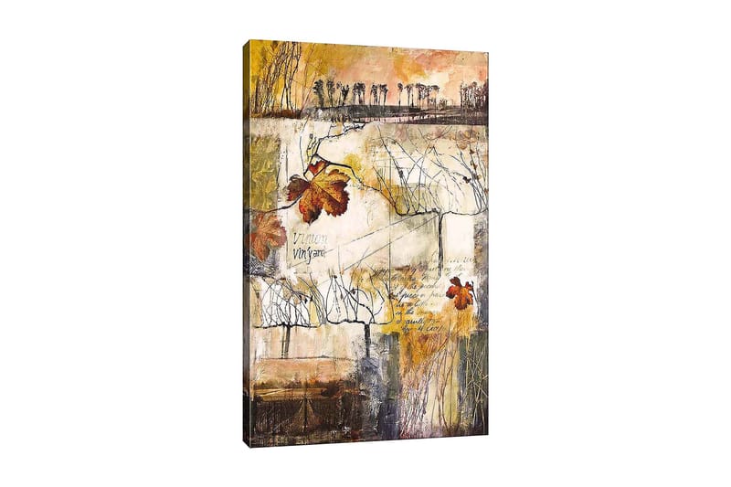 Canvas taulu 70x100 cm - Tyylitelty viinitarha syksyn lehdillä ja abstrakteilla viivoilla, Kulta / Ruskea / Beige