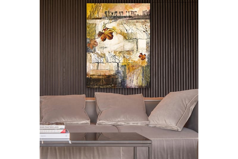 Canvas taulu 70x100 cm - Tyylitelty viinitarha syksyn lehdillä ja abstrakteilla viivoilla - Kulta / Ruskea / Beige - Sisustustuotteet - Taulu & taide - Canvas-taulu