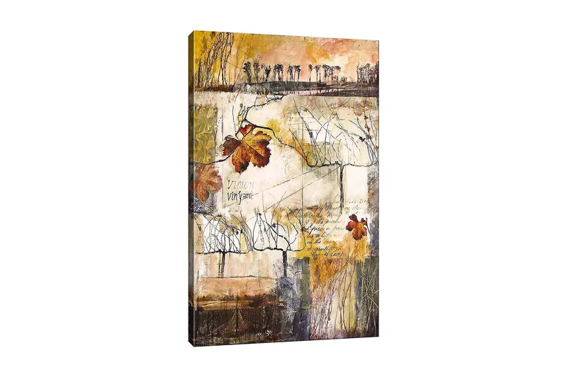 Canvas taulu 70x100 cm - Tyylitelty viinitarha syksyn lehdillä ja abstrakteilla viivoilla, Kulta / Ruskea / Beige
