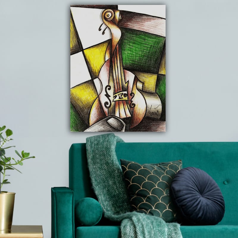 Canvas taulu 70x100 cm - Tyylitelty viulu värikkäässä sommitelmassa - Vihreä / Keltainen / Ruskea - Sisustustuotteet - Taulu & taide - Canvas-taulu
