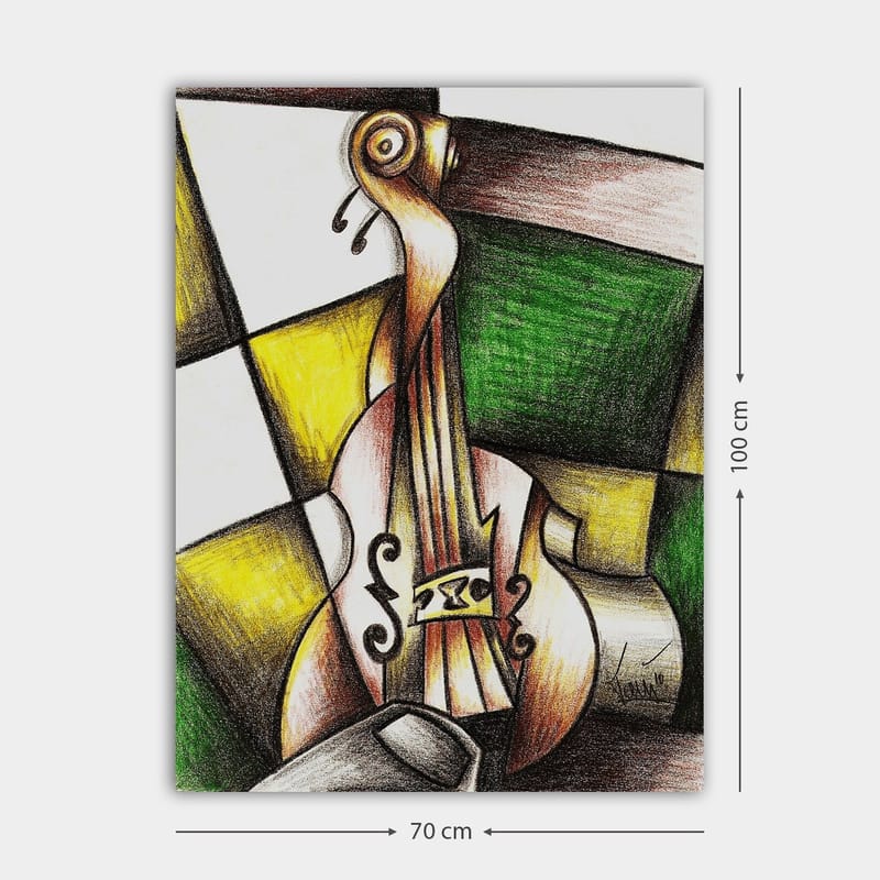 Canvas taulu 70x100 cm - Tyylitelty viulu värikkäässä sommitelmassa - Vihreä / Keltainen / Ruskea - Sisustustuotteet - Taulu & taide - Canvas-taulu