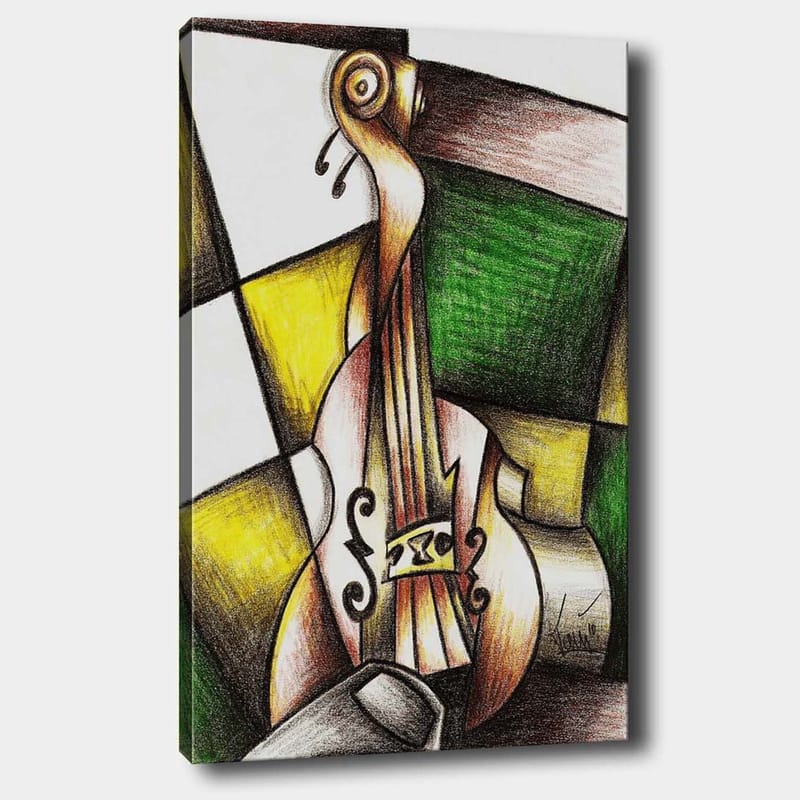 Canvas taulu 70x100 cm - Tyylitelty viulu värikkäässä sommitelmassa, Vihreä / Keltainen / Ruskea