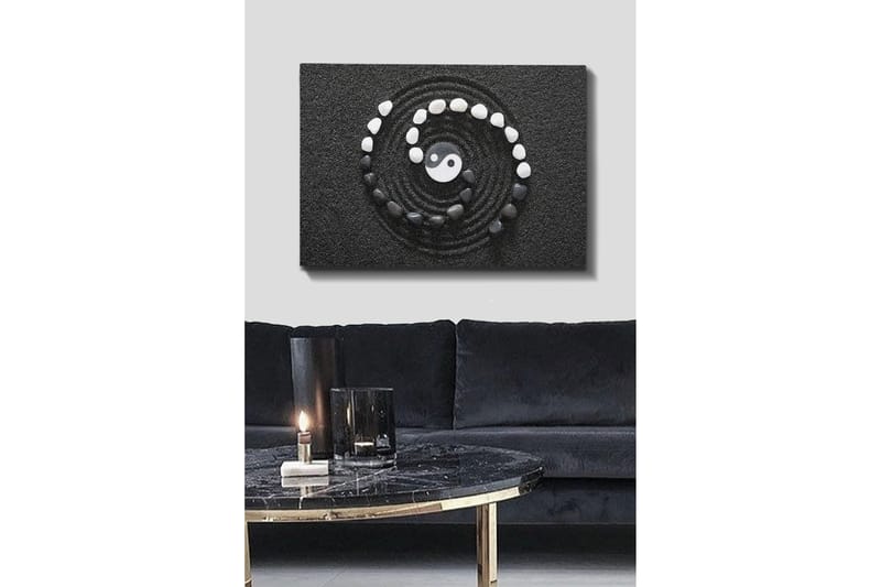 Canvas taulu 70x100 cm - Tyylitelty yin-yang-symboli, jota ympäröivät mustavalkoiset kivet spiraalimaisessa sommitelmassa, Musta / Valkoinen