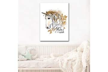 Canvas taulu 70x100 cm - Tyylitelty yksisarvinen kimaltelevilla yksityiskohdilla ja tekstillä Make a wish - Valkoinen / Kulta / Musta - Sisustustuotteet - Taulu & taide - Canvas-taulu