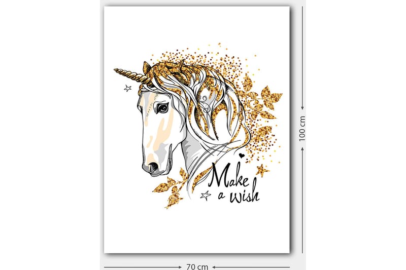 Canvas taulu 70x100 cm - Tyylitelty yksisarvinen kimaltelevilla yksityiskohdilla ja tekstillä Make a wish - Valkoinen / Kulta / Musta - Sisustustuotteet - Taulu & taide - Canvas-taulu