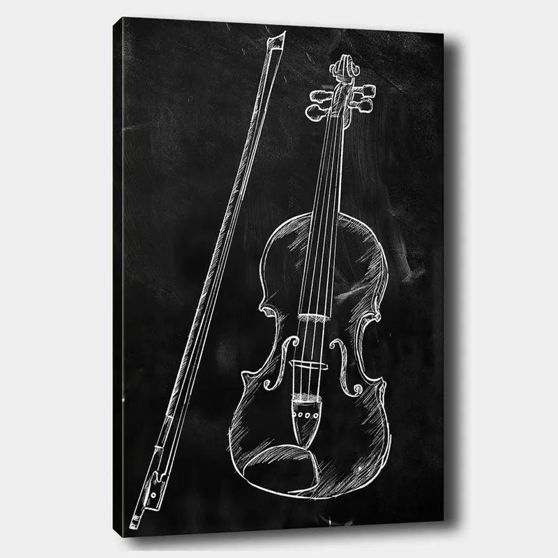 Canvas taulu 70x100 cm - Tyylitelty piirros viulusta ja viulunkepistä mustalla taustalla, Valkoinen / Musta
