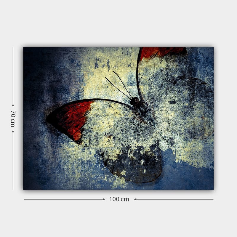 Canvas taulu 70x100 cm - Tyylitelty perhonen punaisin siivin harmaata ja sinistä taustaa vasten - Punainen / Harmaa / Sininen - Sisustustuotteet - Taulu & taide - Canvas-taulu