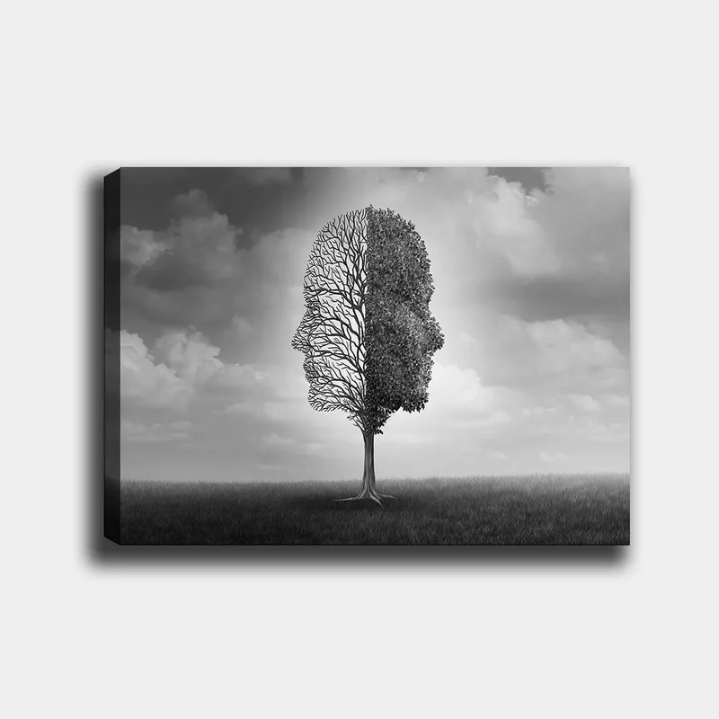 Canvas taulu 70x100 cm - Tyylitelty puurakenne muodostaa kasvojen profiilin mustavalkoisena, Musta / Valkoinen / Harmaa