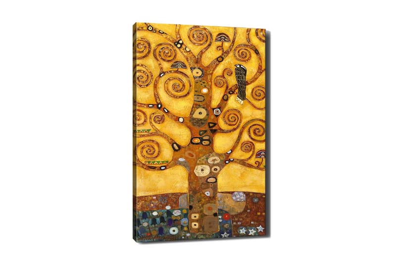 Canvas taulu 70x100 cm - Tyylitelty puu pyörteilevine oksineen ja linnuineen kultaista taustaa vasten, Kulta / Ruskea / Musta