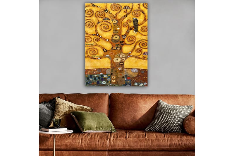 Canvas taulu 70x100 cm - Tyylitelty puu pyörteilevine oksineen ja linnuineen kultaista taustaa vasten - Kulta / Ruskea / Musta - Sisustustuotteet - Taulu & taide - Canvas-taulu