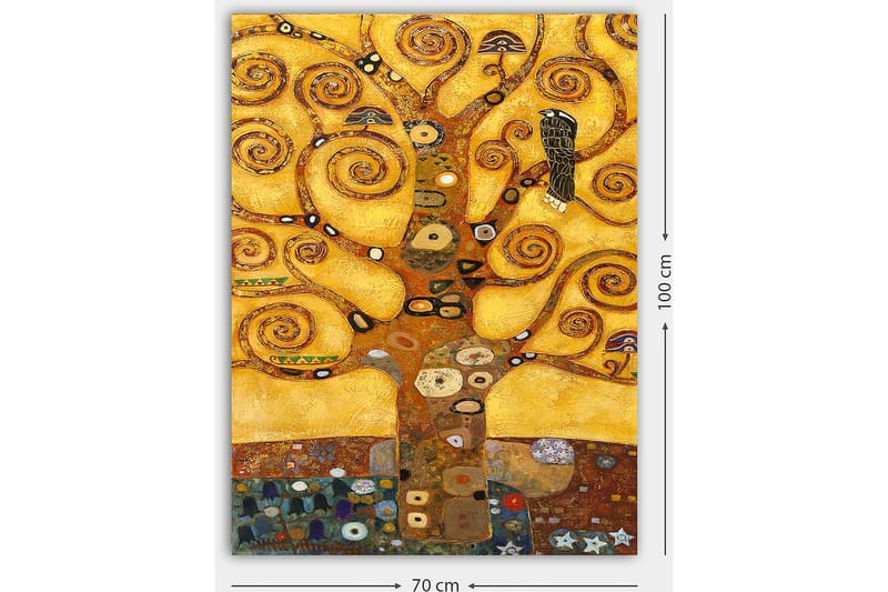 Canvas taulu 70x100 cm - Tyylitelty puu pyörteilevine oksineen ja linnuineen kultaista taustaa vasten - Kulta / Ruskea / Musta - Sisustustuotteet - Taulu & taide - Canvas-taulu
