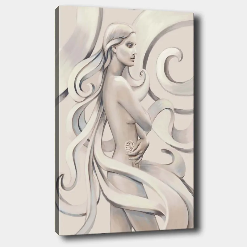 Canvas taulu 70x100 cm - Tyylitelty pitkätukkainen nainen pitelee ruusua, jota ympäröivät kaarevat viivat, Valkoinen / Vaaleanharmaa / Tummanharmaa