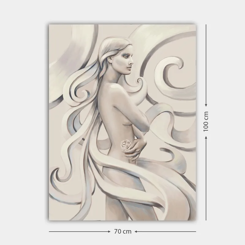 Canvas taulu 70x100 cm - Tyylitelty pitkätukkainen nainen pitelee ruusua, jota ympäröivät kaarevat viivat - Valkoinen / Vaaleanharmaa / Tummanharmaa - Sisustustuotteet - Taulu & taide - Canvas-taulu