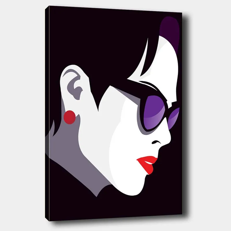 Canvas taulu 70x100 cm - Tyylitelty profiili naisesta aurinkolaseissa ja punaisessa huulipunassa, Musta / Valkoinen / Violetti