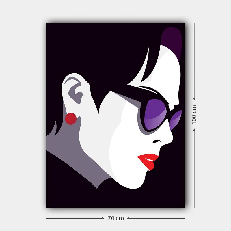 Canvas taulu 70x100 cm - Tyylitelty profiili naisesta aurinkolaseissa ja punaisessa huulipunassa - Musta / Valkoinen / Violetti - Sisustustuotteet - Taulu & taide - Canvas-taulu