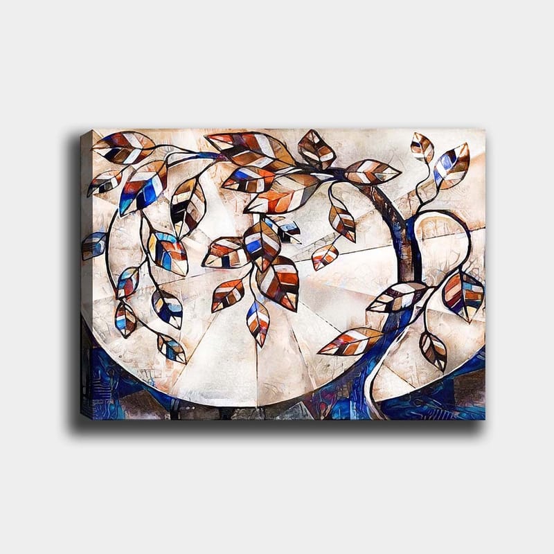 Canvas taulu 70x100 cm - Tyylitelty puunoksa värikkäillä lehdillä vaalealla taustalla - Tummansininen / Oranssi / Valkoinen - Sisustustuotteet - Taulu & taide - Canvas-taulu