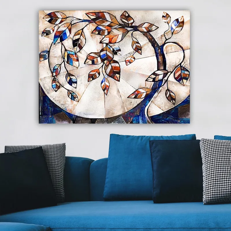 Canvas taulu 70x100 cm - Tyylitelty puunoksa värikkäillä lehdillä vaalealla taustalla - Tummansininen / Oranssi / Valkoinen - Sisustustuotteet - Taulu & taide - Canvas-taulu