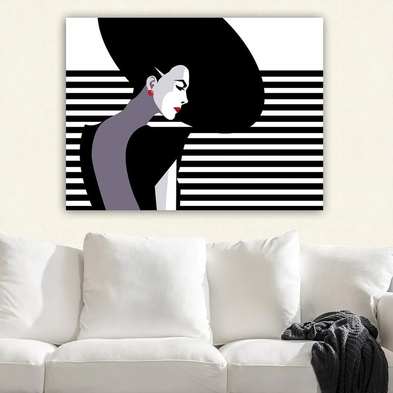 Canvas taulu 70x100 cm - Tyylitelty profiili naisesta, jolla on suuret, mustat hiukset ja punaiset korvakorut - Musta / Valkoinen / Harmaa - Sisustustuotteet - Taulu & taide - Canvas-taulu