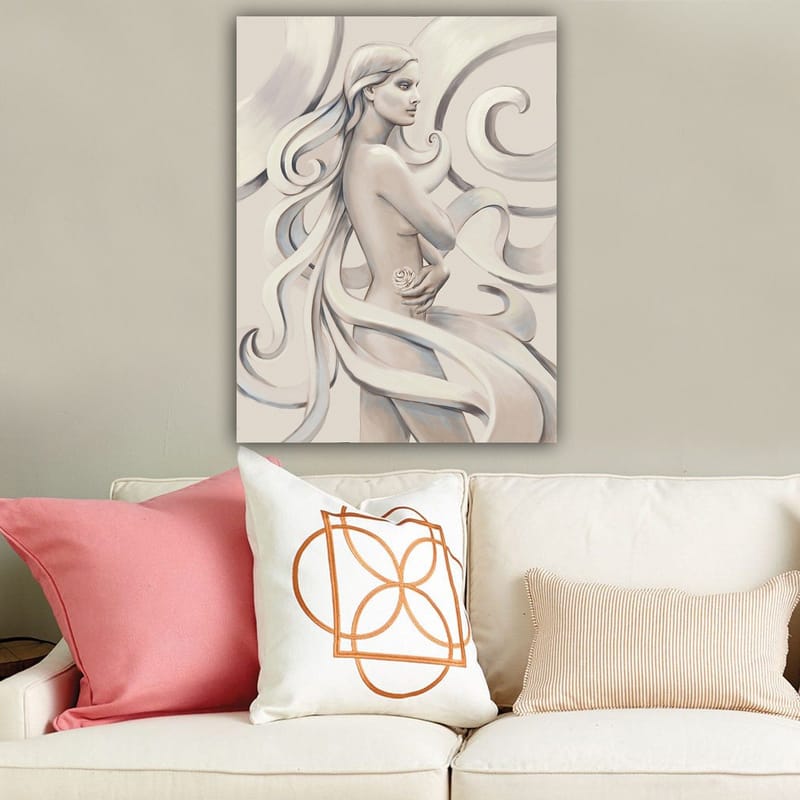 Canvas taulu 70x100 cm - Tyylitelty pitkätukkainen nainen pitelee ruusua, jota ympäröivät kaarevat viivat - Valkoinen / Vaaleanharmaa / Tummanharmaa - Sisustustuotteet - Taulu & taide - Canvas-taulu