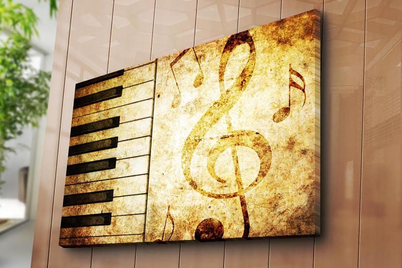 Canvas taulu 70x100 cm - Tyylitelty pianokoskettimisto ja nuotit vintage-henkisessä kuosissa - Kulta / Ruskea / Musta - Sisustustuotteet - Taulu & taide - Canvas-taulu