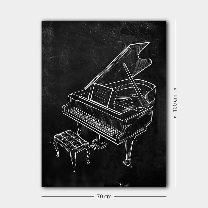 Canvas taulu 70x100 cm - Tyylitelty piirros pianosta ja penkistä - Valkoinen / Musta - Sisustustuotteet - Taulu & taide - Canvas-taulu