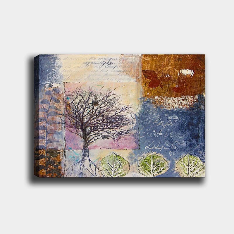 Canvas taulu 70x100 cm - Tyylitelty puuveistos, jonka juuret ja lehdet muodostavat värikkään sommitelman, Tummansininen / Ruskea / Vihreä