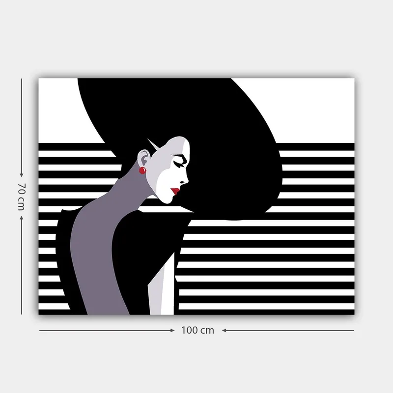 Canvas taulu 70x100 cm - Tyylitelty profiili naisesta, jolla on suuret, mustat hiukset ja punaiset korvakorut - Musta / Valkoinen / Harmaa - Sisustustuotteet - Taulu & taide - Canvas-taulu