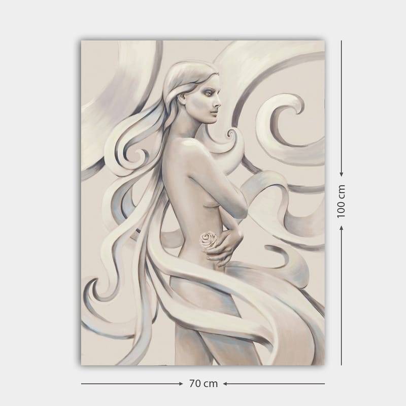 Canvas taulu 70x100 cm - Tyylitelty pitkätukkainen nainen pitelee ruusua, jota ympäröivät kaarevat viivat - Valkoinen / Vaaleanharmaa / Tummanharmaa - Sisustustuotteet - Taulu & taide - Canvas-taulu