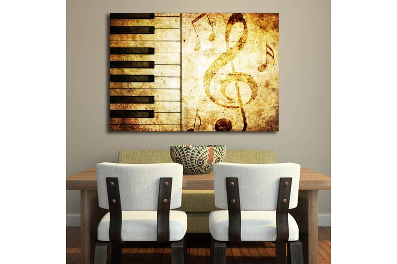 Canvas taulu 70x100 cm - Tyylitelty pianokoskettimisto ja nuotit vintage-henkisessä kuosissa - Kulta / Ruskea / Musta - Sisustustuotteet - Taulu & taide - Canvas-taulu