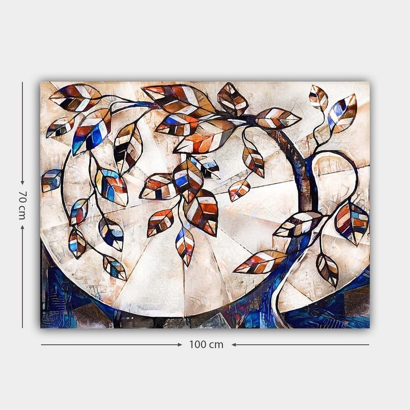 Canvas taulu 70x100 cm - Tyylitelty puunoksa värikkäillä lehdillä vaalealla taustalla - Tummansininen / Oranssi / Valkoinen - Sisustustuotteet - Taulu & taide - Canvas-taulu