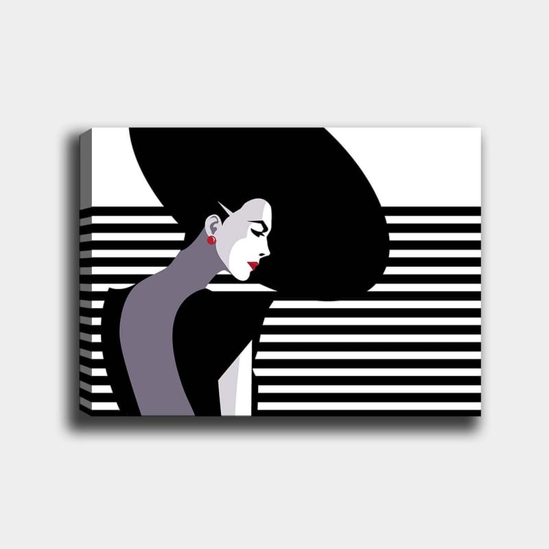Canvas taulu 70x100 cm - Tyylitelty profiili naisesta, jolla on suuret, mustat hiukset ja punaiset korvakorut, Musta / Valkoinen / Harmaa