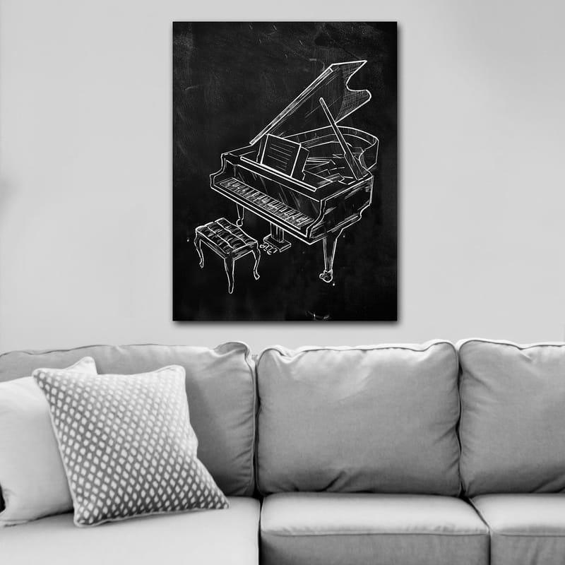 Canvas taulu 70x100 cm - Tyylitelty piirros pianosta ja penkistä - Valkoinen / Musta - Sisustustuotteet - Taulu & taide - Canvas-taulu