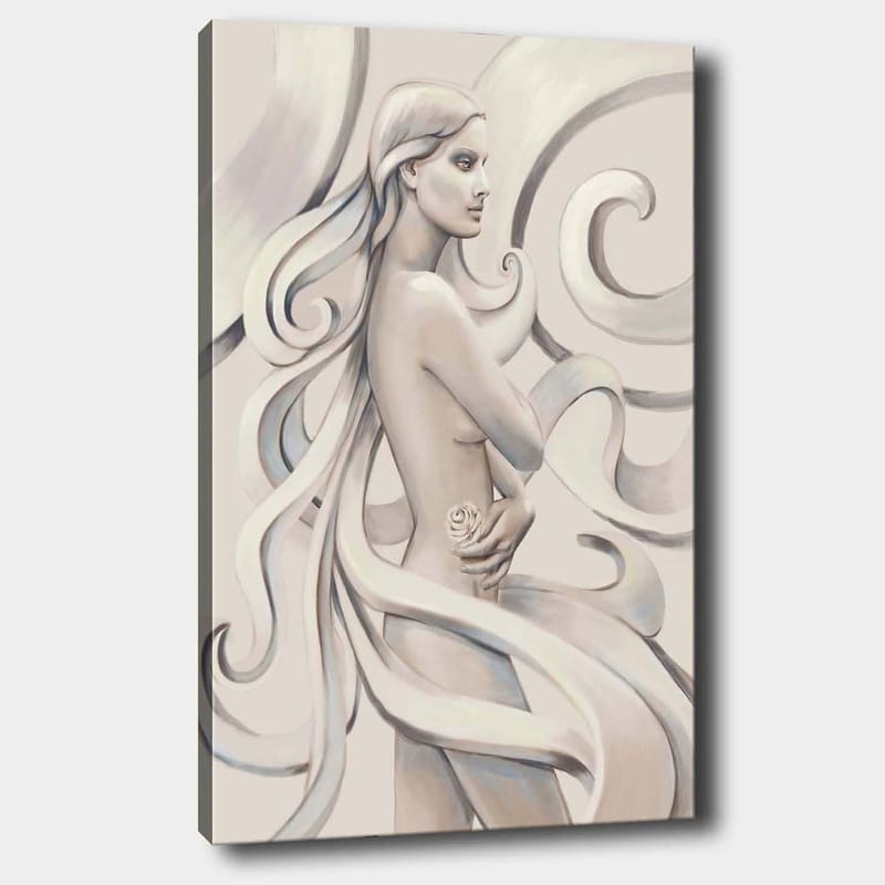 Canvas taulu 70x100 cm - Tyylitelty pitkätukkainen nainen pitelee ruusua, jota ympäröivät kaarevat viivat, Valkoinen / Vaaleanharmaa / Tummanharmaa