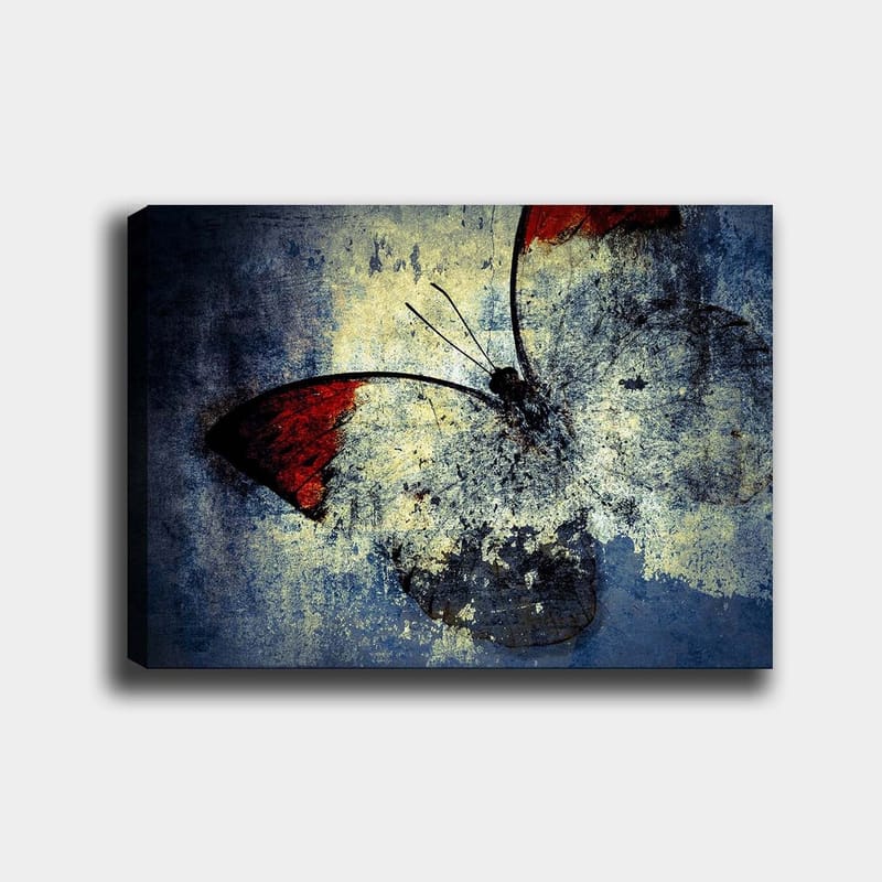 Canvas taulu 70x100 cm - Tyylitelty perhonen punaisin siivin harmaata ja sinistä taustaa vasten, Punainen / Harmaa / Sininen