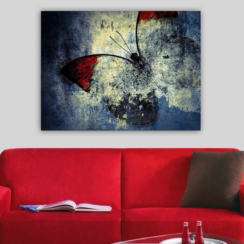 Canvas taulu 70x100 cm - Tyylitelty perhonen punaisin siivin harmaata ja sinistä taustaa vasten - Punainen / Harmaa / Sininen - Sisustustuotteet - Taulu & taide - Canvas-taulu