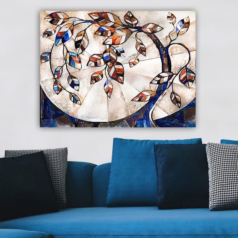 Canvas taulu 70x100 cm - Tyylitelty puunoksa värikkäillä lehdillä vaalealla taustalla - Tummansininen / Oranssi / Valkoinen - Sisustustuotteet - Taulu & taide - Canvas-taulu